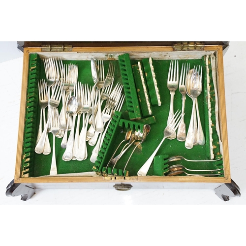 678 - Mahogany cased canteen of cutlery, containing a mixture of silver plated flatware, to include King's... 