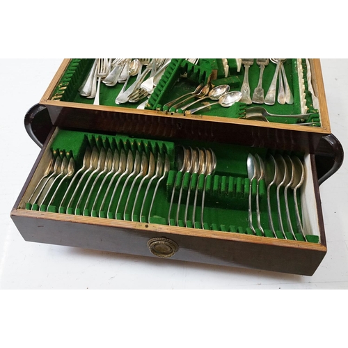 678 - Mahogany cased canteen of cutlery, containing a mixture of silver plated flatware, to include King's... 