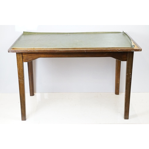 680 - Mid century mahogany table with green leatherette inset top, on square tapering legs, marked undersi... 