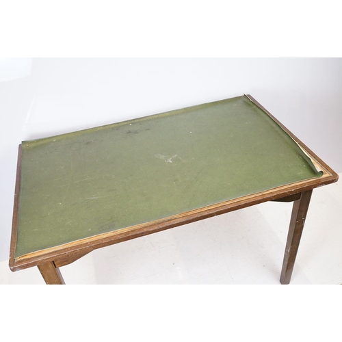 680 - Mid century mahogany table with green leatherette inset top, on square tapering legs, marked undersi... 