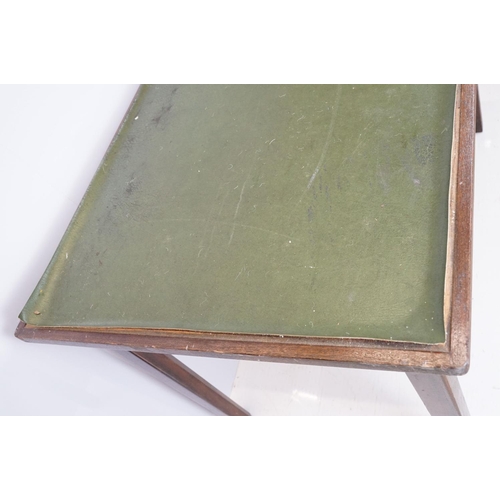 680 - Mid century mahogany table with green leatherette inset top, on square tapering legs, marked undersi... 