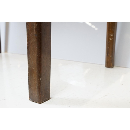 680 - Mid century mahogany table with green leatherette inset top, on square tapering legs, marked undersi... 