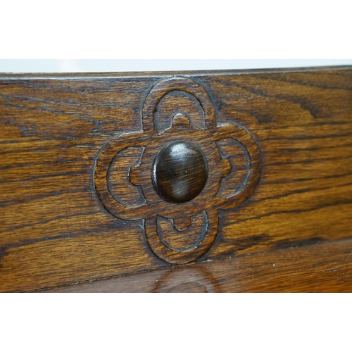 684 - Oak three shelf bookcase with Greek key frieze design, 102cm high x 92cm wide x 26cm deep