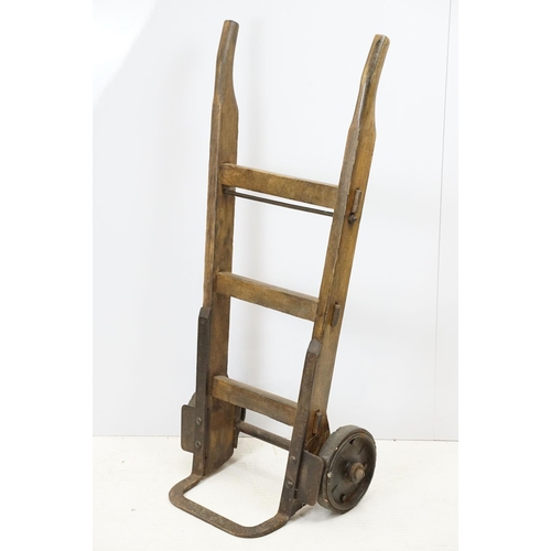 690A - Vintage sack trolley, pine with iron mounts, 105.5cm high