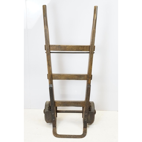 690A - Vintage sack trolley, pine with iron mounts, 105.5cm high