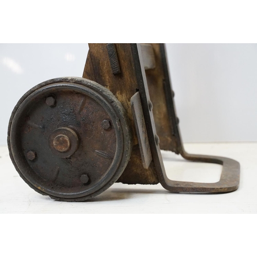 690A - Vintage sack trolley, pine with iron mounts, 105.5cm high