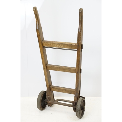 690A - Vintage sack trolley, pine with iron mounts, 105.5cm high