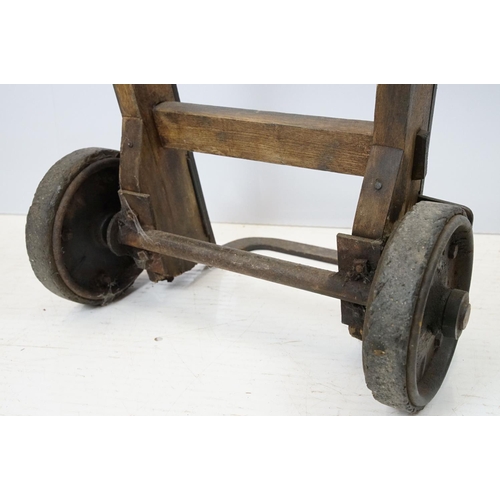 690A - Vintage sack trolley, pine with iron mounts, 105.5cm high