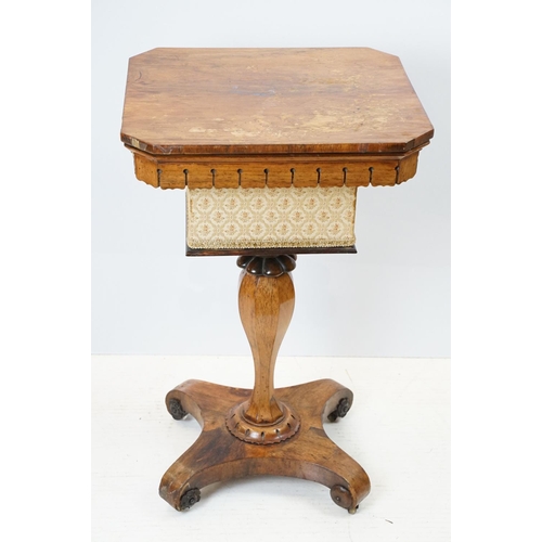 692 - William IV rosewood sewing table, the lid swivels to reveal fitted enclosure, on scroll feet, 74cm h... 