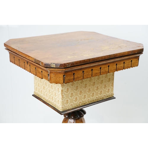 692 - William IV rosewood sewing table, the lid swivels to reveal fitted enclosure, on scroll feet, 74cm h... 