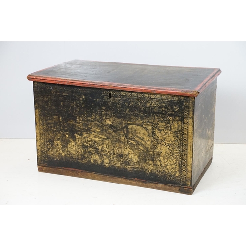 694 - Oriental chest, the four sides decorated with Oriental scenes, in gold and black with black japanned... 