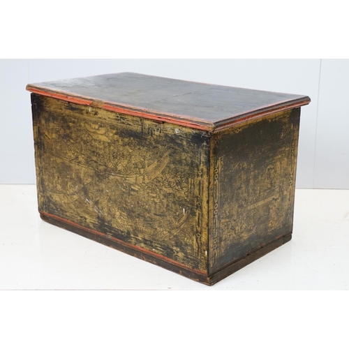 694 - Oriental chest, the four sides decorated with Oriental scenes, in gold and black with black japanned... 