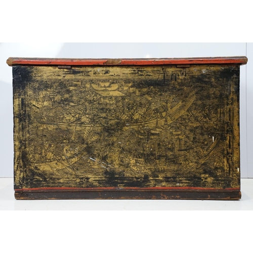 694 - Oriental chest, the four sides decorated with Oriental scenes, in gold and black with black japanned... 