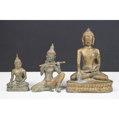 104A - Two bronze seated Buddhas and a statue of a seated Thai prince playing a flute (possibly Prince Phra... 