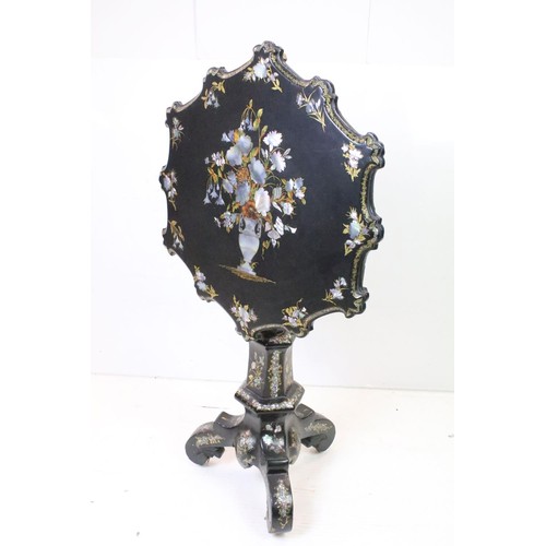 656 - Victorian Papier Mache Tilt Top Table, the shaped top with mother of pearl and gilt decoration havin... 