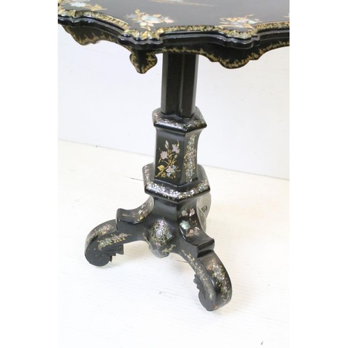 656 - Victorian Papier Mache Tilt Top Table, the shaped top with mother of pearl and gilt decoration havin... 