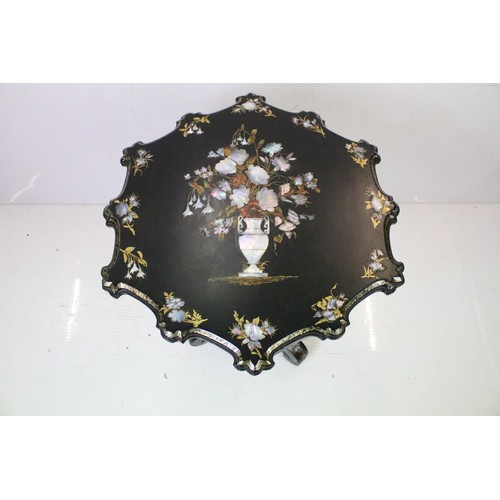 656 - Victorian Papier Mache Tilt Top Table, the shaped top with mother of pearl and gilt decoration havin... 