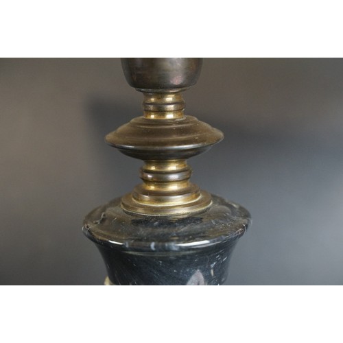 169A - Two black marble table lamps with brass mounts, the tallest 65cm high