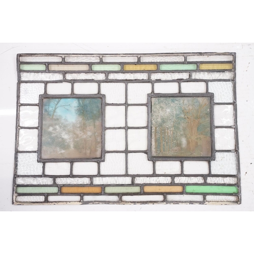 214A - Five leaded stained glass windows with photographic panels, largest approx 68cm x 46cm