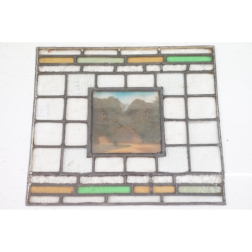 214A - Five leaded stained glass windows with photographic panels, largest approx 68cm x 46cm