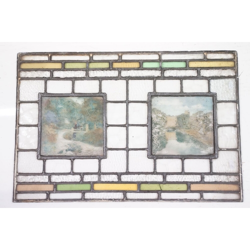 214A - Five leaded stained glass windows with photographic panels, largest approx 68cm x 46cm