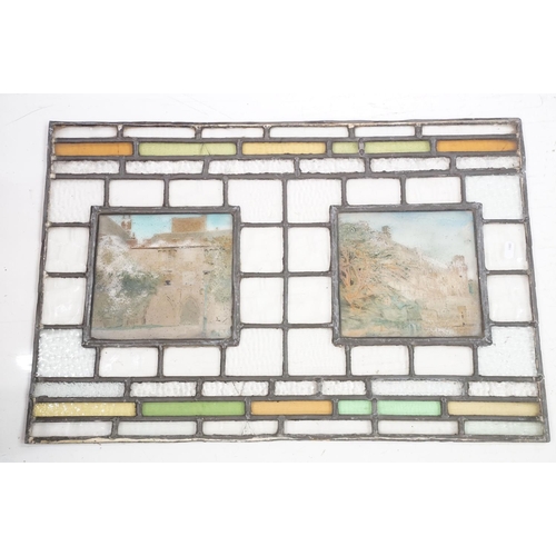 214A - Five leaded stained glass windows with photographic panels, largest approx 68cm x 46cm