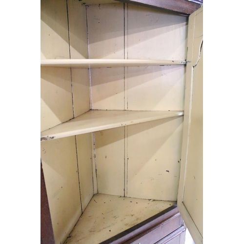 697 - Georgian oak corner cupboard, with dentil cornice above panelled door with parquetry geometric star ... 