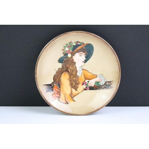 5 - Moorcroft - A dish depicting a girl, signed ' Trial 10.3.97', initials including JH and JB, 12cm dia... 