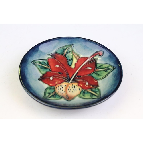 15 - Three Moorcroft small shallow dishes, comprising: Satin Flower pattern, 12cm diameter, boxed, Cleopa... 