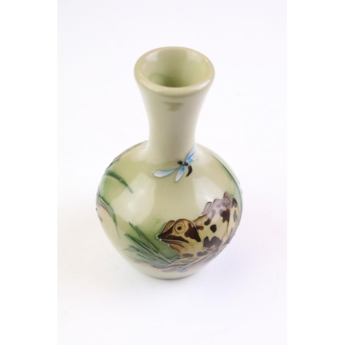 16 - Moorcroft small vase with tapering slender neck, decorated with frogs and dragonflies, 10.5cm high, ... 