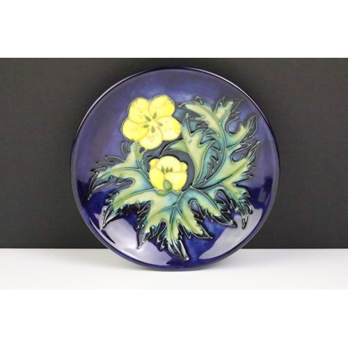 18 - Four Moorcroft small shallow dishes, comprising: Hibiscus pattern, Finch and Fruit pattern, Buttercu... 