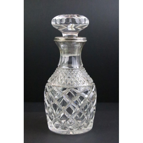 19 - Cut glass decanter with silver collar, 25cm high, a cut glass decanter, 30.5cm high, a cut glass dec... 