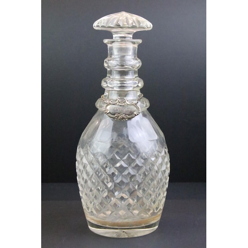 19 - Cut glass decanter with silver collar, 25cm high, a cut glass decanter, 30.5cm high, a cut glass dec... 