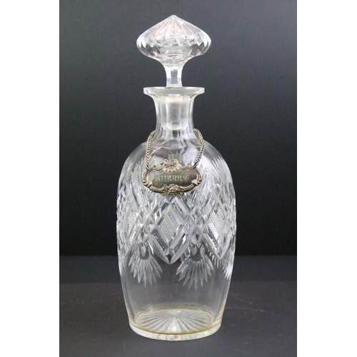 19 - Cut glass decanter with silver collar, 25cm high, a cut glass decanter, 30.5cm high, a cut glass dec... 