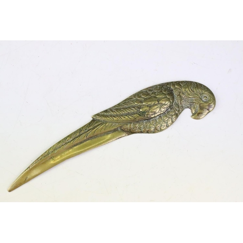 22 - Novelty cast brass letter opener in the form of a parrot, with feather detail, measures approx 20cm ... 