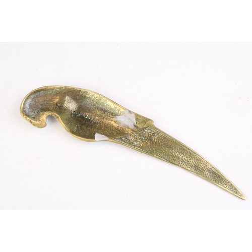 22 - Novelty cast brass letter opener in the form of a parrot, with feather detail, measures approx 20cm ... 