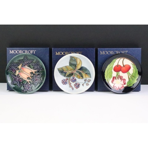 25 - Three Moorcroft small round dishes to include Cluny, Bramble and one marked trial 8.4.13. All boxed.... 