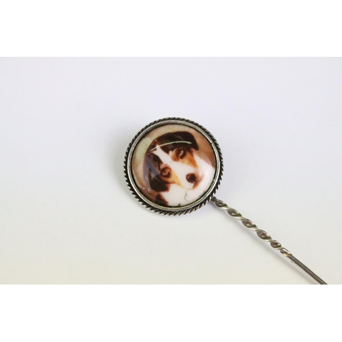 51 - Silver stick pin with circular enamel panel depicting a Jack Russell Terrier, stamped '925' to rever... 