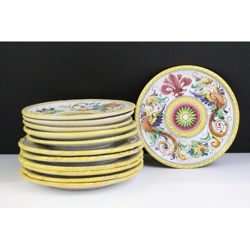 58 - Italian faience tea set with scrolling & floral decoration and yellow border, the lot to include tea... 