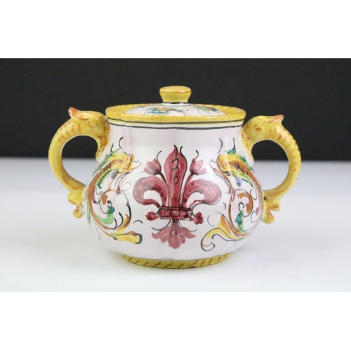 58 - Italian faience tea set with scrolling & floral decoration and yellow border, the lot to include tea... 