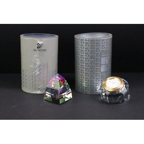 74 - Boxed Swarovski Silver Crystal clock (approx 4.5cm high), together with a boxed Swarovski pyramid pa... 