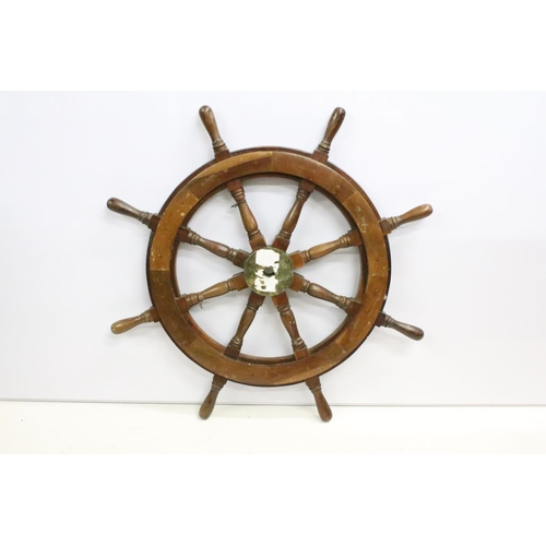 78 - Early-to-mid 20th century mahogany & brass ships wheel with eight turned spokes, approx 86cm diamete... 