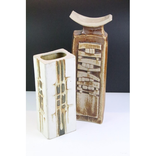 44 - Two studio pottery vases to include a rectangular textured example with impressed mark to base, and ... 