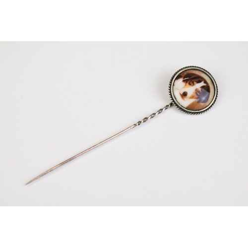 51 - Silver stick pin with circular enamel panel depicting a Jack Russell Terrier, stamped '925' to rever... 