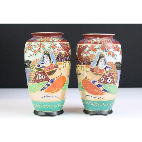 55 - Japanese Satsuma Baluster Vase decorated with figures, 22cm high together with a Chinese Vase, Pair ... 