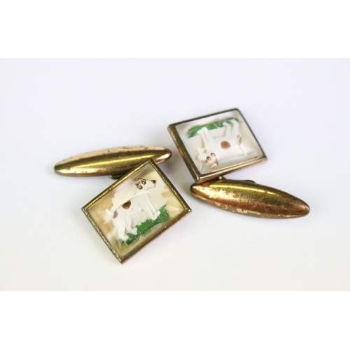 62 - Pair of 1930's reverse painted Lucite gilt metal Jack Russell chain link cufflinks