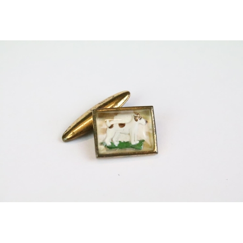 62 - Pair of 1930's reverse painted Lucite gilt metal Jack Russell chain link cufflinks