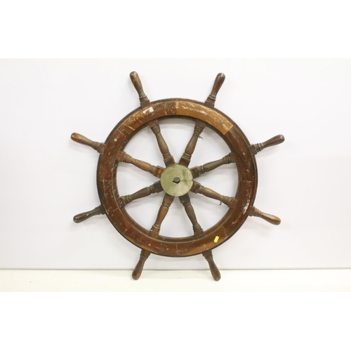 78 - Early-to-mid 20th century mahogany & brass ships wheel with eight turned spokes, approx 86cm diamete... 