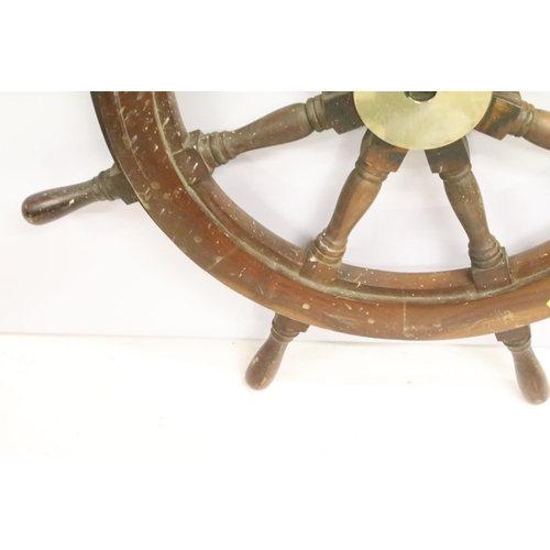 78 - Early-to-mid 20th century mahogany & brass ships wheel with eight turned spokes, approx 86cm diamete... 