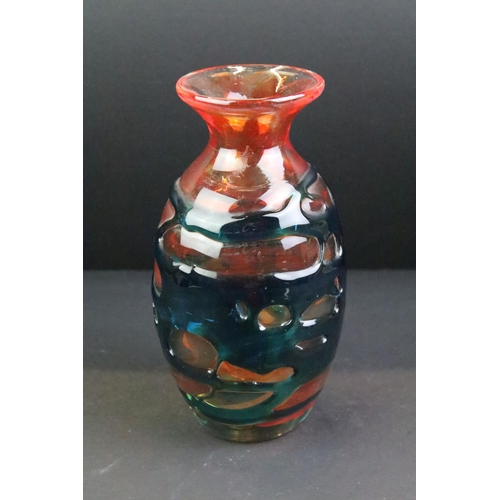 81 - Mdina random strapped red & blue glass vase of baluster form, signed 'Mdina' to base, approx 19cm hi... 